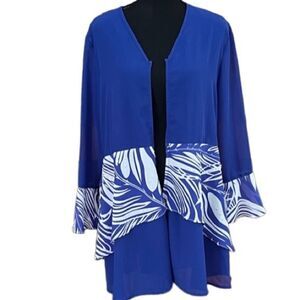EY Boutique royal blue/white semi sheer open front tunic, ruffled sleeves sz XL